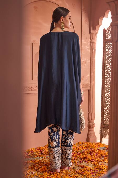 Tasuvure Indes_Blue Satin, Silk Diamonds, Embroidery, Reyna Embellished Kaftan With Pant _at_Aza_Fashions