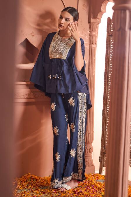 Tasuvure Indes_Blue Georgette Embroidery, Pearls Reyna Embellished Short Kaftan With Pant _Online_at_Aza_Fashions