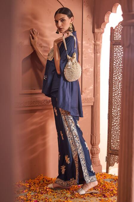 Buy_Tasuvure Indes_Blue Georgette Embroidery, Pearls Reyna Embellished Short Kaftan With Pant _Online_at_Aza_Fashions