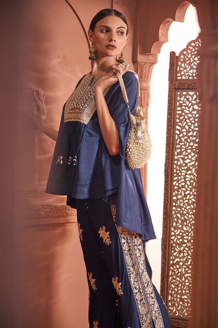 Shop_Tasuvure Indes_Blue Georgette Embroidery, Pearls Reyna Embellished Short Kaftan With Pant _Online_at_Aza_Fashions