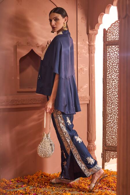 Tasuvure Indes_Blue Georgette Embroidery, Pearls Reyna Embellished Short Kaftan With Pant _at_Aza_Fashions