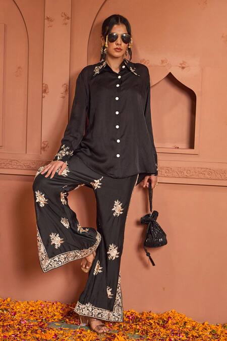 Tasuvure Indes_Black Georgette Pearls, Embroidery Shawl Reyna High-low Shirt With Gara Pant_Online_at_Aza_Fashions