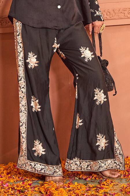 Buy_Tasuvure Indes_Black Georgette Pearls, Embroidery Shawl Reyna High-low Shirt With Gara Pant_Online_at_Aza_Fashions