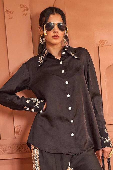 Shop_Tasuvure Indes_Black Georgette Pearls, Embroidery Shawl Reyna High-low Shirt With Gara Pant_Online_at_Aza_Fashions