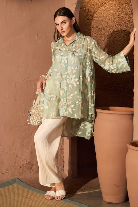 Tasuvure Indes Elahe Embroidered High-Low Shirt Tunic With Pleated Pant 