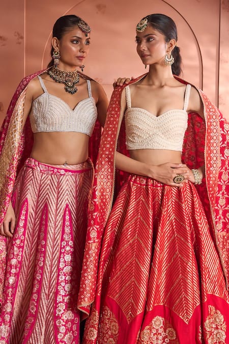 Tasuvure Indes_Pink Georgette Sequins, Pearls, Banarasi Begum Chevron Vine Woven Lehenga Set _Online_at_Aza_Fashions