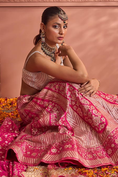 Tasuvure Indes_Pink Georgette Sequins, Pearls, Banarasi Begum Chevron Vine Woven Lehenga Set _at_Aza_Fashions