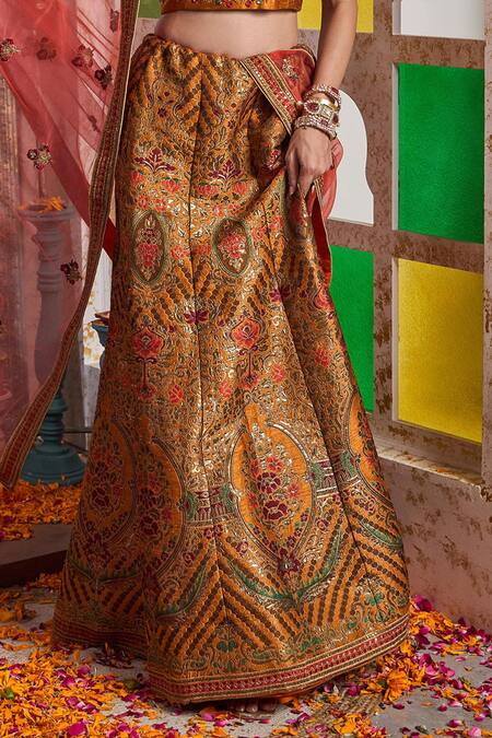 Tasuvure Indes_Orange Brocade, Silk, Chiffon Banarasi Begum Woven Floral Jaal Lehenga Set_Online_at_Aza_Fashions