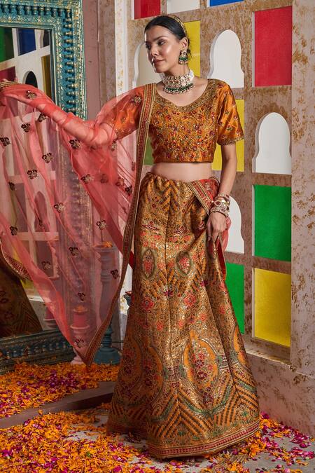 Buy_Tasuvure Indes_Orange Brocade, Silk, Chiffon Banarasi Begum Woven Floral Jaal Lehenga Set_Online_at_Aza_Fashions