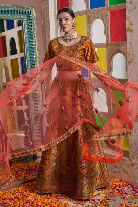 Shop_Tasuvure Indes_Orange Brocade, Silk, Chiffon Banarasi Begum Woven Floral Jaal Lehenga Set_Online_at_Aza_Fashions