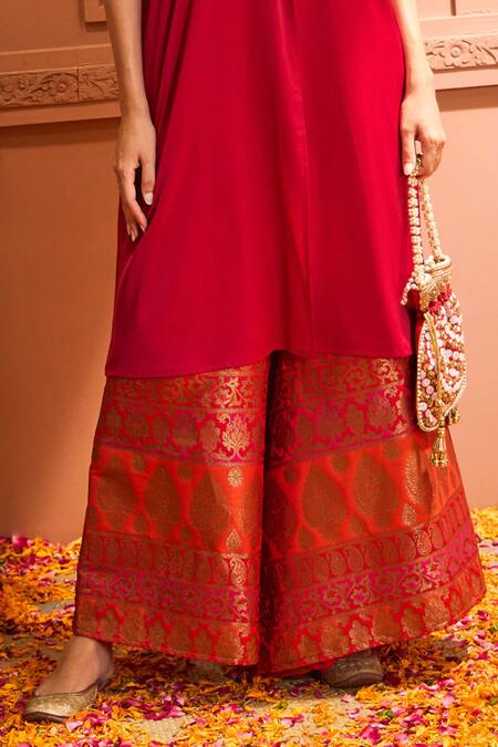 Tasuvure Indes_Red Silk, Brocade Applique Pataka Embellished Kurta With Woven Flared Pant_Online_at_Aza_Fashions
