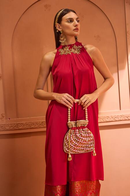 Buy_Tasuvure Indes_Red Silk, Brocade Applique Pataka Embellished Kurta With Woven Flared Pant_Online_at_Aza_Fashions