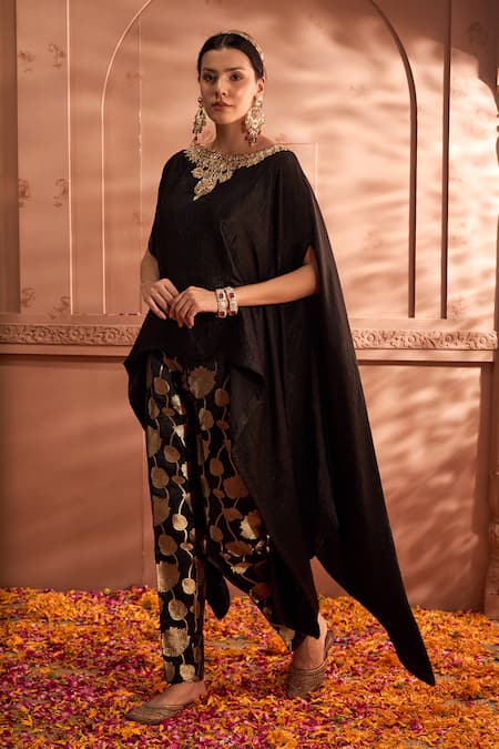 Tasuvure Indes Black Brocade, Silk Embroidery Pataka Embellished Cape With Woven Pant Online at Aza Fashions Tasuvure Indes_Black Brocade, Silk Embroidery Pataka Embellished Cape With Woven Pant _Online_at_Aza_Fashions
