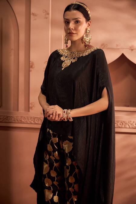 Shop Tasuvure Indes Black Brocade, Silk Embroidery Pataka Embellished Cape With Woven Pant Online at Aza Fashions Shop_Tasuvure Indes_Black Brocade, Silk Embroidery Pataka Embellished Cape With Woven Pant _Online_at_Aza_Fashions