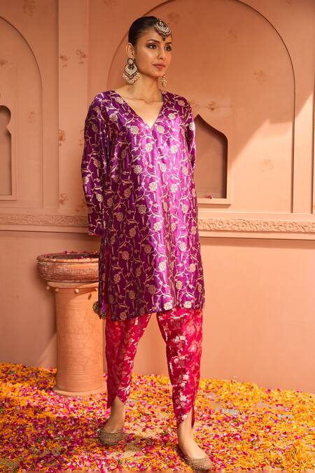 Buy Tasuvure Indes Purple Brocade, Silk Embroidery, Banarasi Begum Woven Tunic With Dhoti Pant Online at Aza Fashions Buy_Tasuvure Indes_Purple Brocade, Silk Embroidery, Banarasi Begum Woven Tunic With Dhoti Pant_Online_at_Aza_Fashions