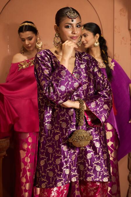 Shop Tasuvure Indes Purple Brocade, Silk Embroidery, Banarasi Begum Woven Tunic With Dhoti Pant Online at Aza Fashions Shop_Tasuvure Indes_Purple Brocade, Silk Embroidery, Banarasi Begum Woven Tunic With Dhoti Pant_Online_at_Aza_Fashions