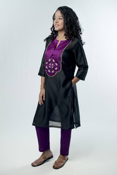 Prachi Kamat Black Chanderi, Linen, Satin Embroidery Split Anar Bodice Kurta With Pant Online at Aza Fashions Prachi Kamat_Black Chanderi, Linen, Satin Embroidery Split Anar Bodice Kurta With Pant _Online_at_Aza_Fashions