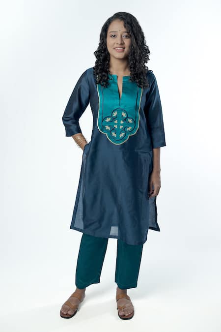 PRACHI KAMAT Blue Chanderi Kurta Embroidered Bodice Floral Notched Neck Anar With Pant 