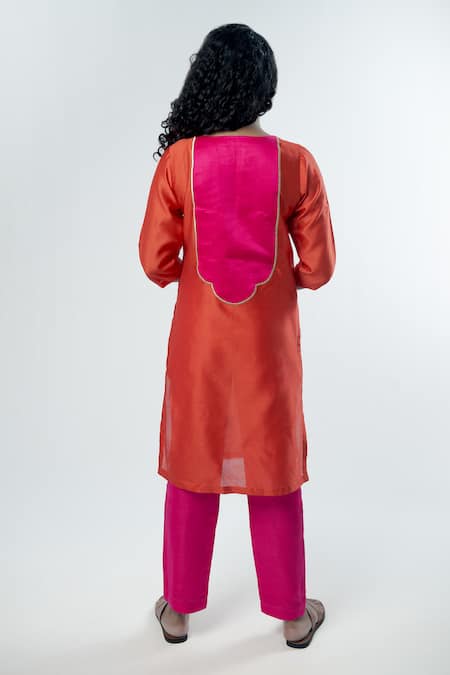 Shop Prachi Kamat Orange Chanderi, Linen, Satin Embroidery Split Anar Bodice Kurta With Pant at Aza Fashions Shop_Prachi Kamat_Orange Chanderi, Linen, Satin Embroidery Split Anar Bodice Kurta With Pant _at_Aza_Fashions