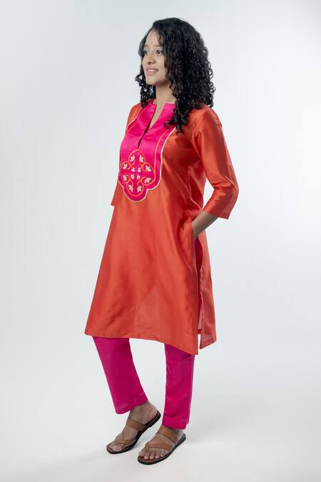 Prachi Kamat Orange Chanderi, Linen, Satin Embroidery Split Anar Bodice Kurta With Pant Online at Aza Fashions Prachi Kamat_Orange Chanderi, Linen, Satin Embroidery Split Anar Bodice Kurta With Pant _Online_at_Aza_Fashions