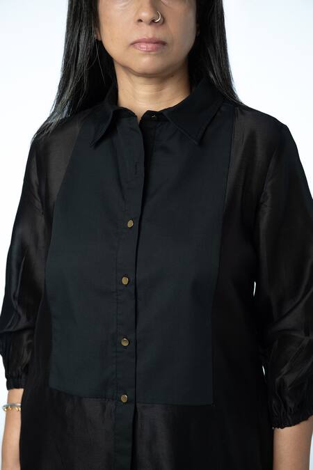 Prachi Kamat Black Chanderi, Poplin Embroidery Collared Sutli Bomb Kurta With Pant Online at Aza Fashions Prachi Kamat_Black Chanderi, Poplin Embroidery Collared Sutli Bomb Kurta With Pant _Online_at_Aza_Fashions