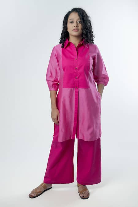 PRACHI KAMAT Pink Chanderi Kurta Placement Embroidery Sutli Bomb Contrast Bodice With Pant 