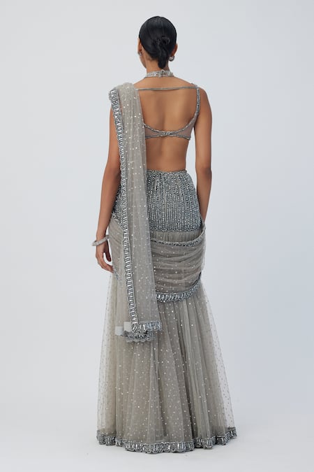 Vvani By Vani Vats Grey Sequin Embellished Pre-Draped Saree Set 