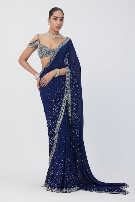 Vvani By Vani Vats_Blue Georgette Sequins, Crystals Embellished Saree With Padded Blouse _Online_at_Aza_Fashions