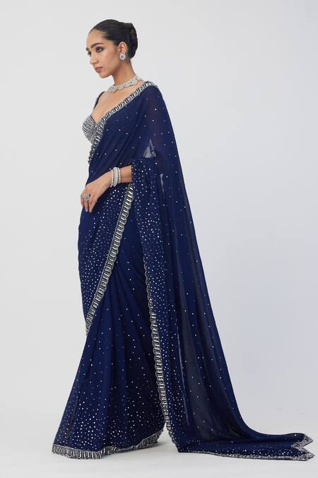 Buy_Vvani By Vani Vats_Blue Georgette Sequins, Crystals Embellished Saree With Padded Blouse _Online_at_Aza_Fashions