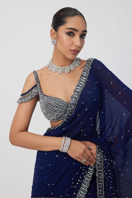 Shop_Vvani By Vani Vats_Blue Georgette Sequins, Crystals Embellished Saree With Padded Blouse _Online_at_Aza_Fashions