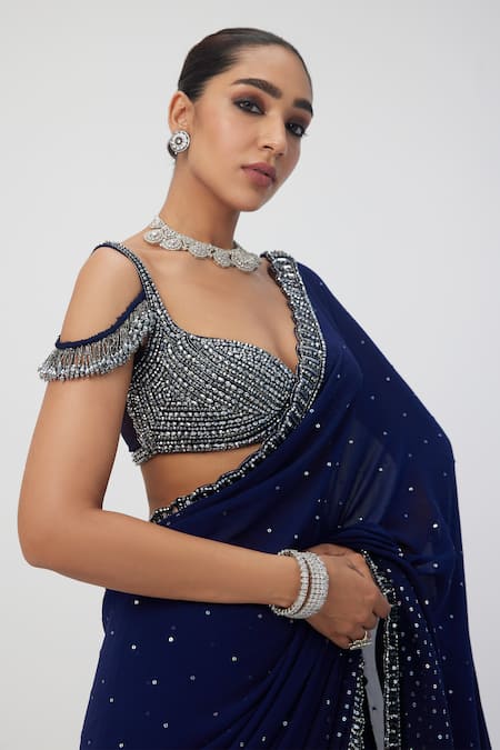 Vvani By Vani Vats_Blue Georgette Sequins, Crystals Embellished Saree With Padded Blouse _at_Aza_Fashions