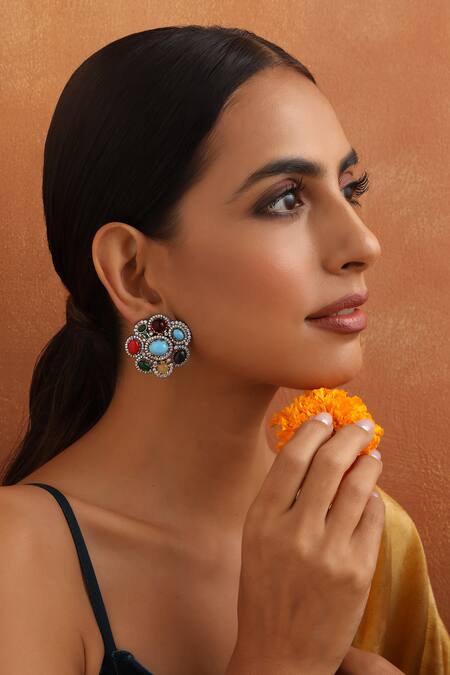 Shop_Swabhimann_Multi Color Stones, Zari Bloom Zirconia Stud Earrings _Online_at_Aza_Fashions