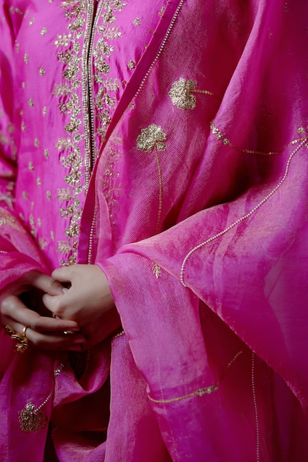 Deep Thee_Pink Silk, Organza Metallic Thread, Gul Zardozi Short Kurta And Sharara Set _Online_at_Aza_Fashions