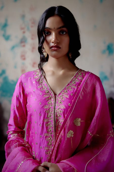 Buy_Deep Thee_Pink Silk, Organza Metallic Thread, Gul Zardozi Short Kurta And Sharara Set _Online_at_Aza_Fashions