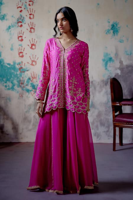 Shop_Deep Thee_Pink Silk, Organza Metallic Thread, Gul Zardozi Short Kurta And Sharara Set _Online_at_Aza_Fashions