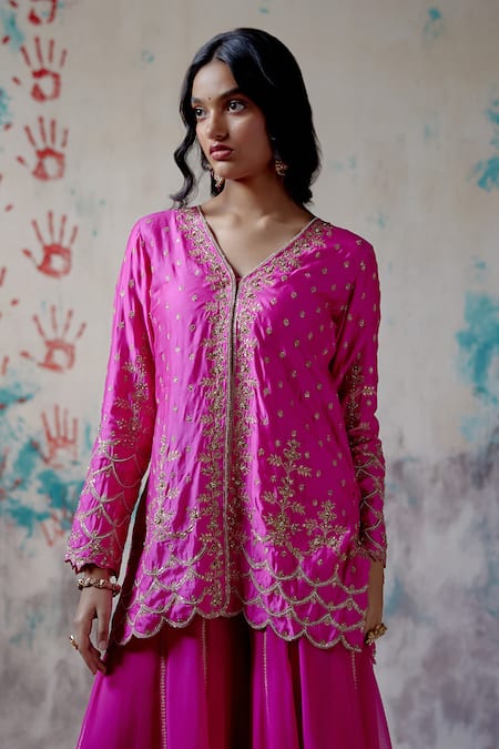 Deep Thee_Pink Silk, Organza Metallic Thread, Gul Zardozi Short Kurta And Sharara Set _at_Aza_Fashions