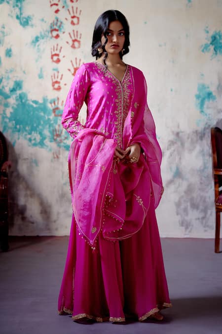 Deep Thee Pink Silk Embroidery Zardozi V Neck Gul Short Kurta And Sharara Set 