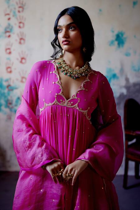 Deep Thee_Pink Organza, Georgette Metallic Thread, Ditsy Bloom Gathered Anarkali Set _Online_at_Aza_Fashions