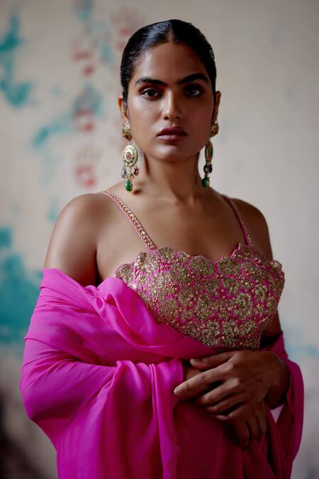 Deep Thee_Pink Silk Zari Solid Pre-draped Ruffle Saree With Embroidered Bralette Blouse _Online_at_Aza_Fashions