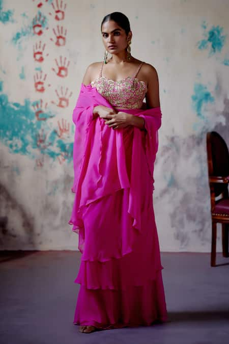 Deep Thee Pink Silk Embroidery Zardozi Solid Pre-draped Ruffle Saree With Bralette Blouse 