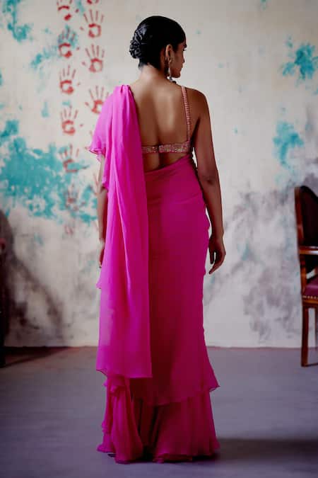 Deep Thee Solid Pre-Draped Ruffle Saree With Embroidered Bralette Blouse 