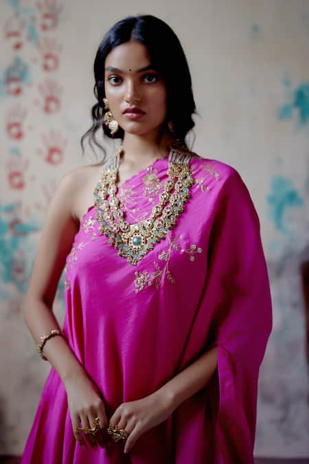 Deep Thee_Pink Silk Embroidery, Zari One Guccha Jaal Tunic And Panelled Sharara Set _Online_at_Aza_Fashions