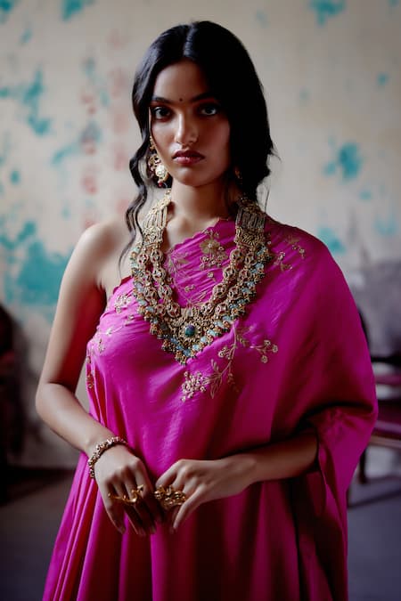 Shop_Deep Thee_Pink Silk Embroidery, Zari One Guccha Jaal Tunic And Panelled Sharara Set _Online_at_Aza_Fashions