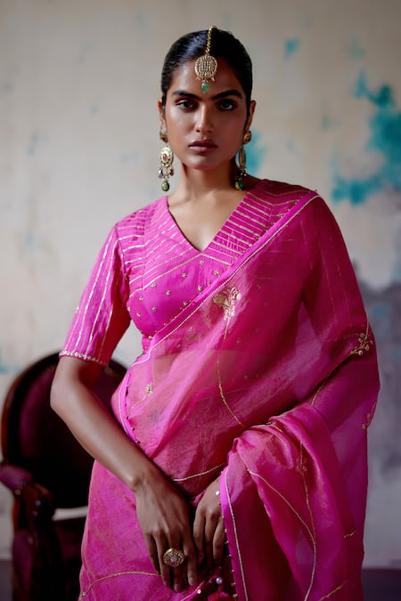 Shop_Deep Thee_Pink Silk, Organza Sequins, Zari V-neck Gul Jaal Embroidered Saree With Blouse _Online_at_Aza_Fashions