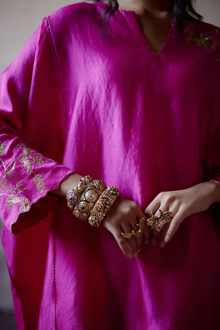 Shop_Deep Thee_Pink Silk Zari, Sequins Split V-neck Gullista Embroidered Kaftan Top And Pant Set _Online_at_Aza_Fashions