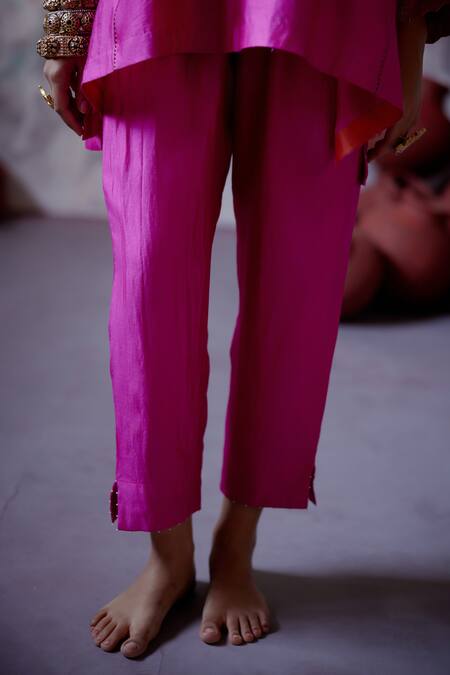 Deep Thee_Pink Silk Zari, Sequins Split V-neck Gullista Embroidered Kaftan Top And Pant Set _at_Aza_Fashions