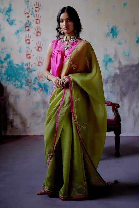 Buy_Deep Thee_Green Silk, Organza Zari, Embroidery Guccha Booti And Saree With Blouse _Online_at_Aza_Fashions