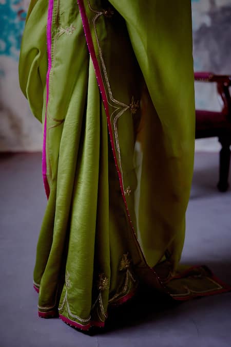 Shop_Deep Thee_Green Silk, Organza Zari, Embroidery Guccha Booti And Saree With Blouse _Online_at_Aza_Fashions