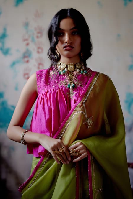 Deep Thee_Green Silk, Organza Zari, Embroidery Guccha Booti And Saree With Blouse _at_Aza_Fashions