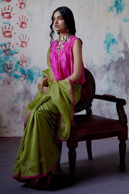 Buy_Deep Thee_Green Silk, Organza Zari, Embroidery Guccha Booti And Saree With Blouse 